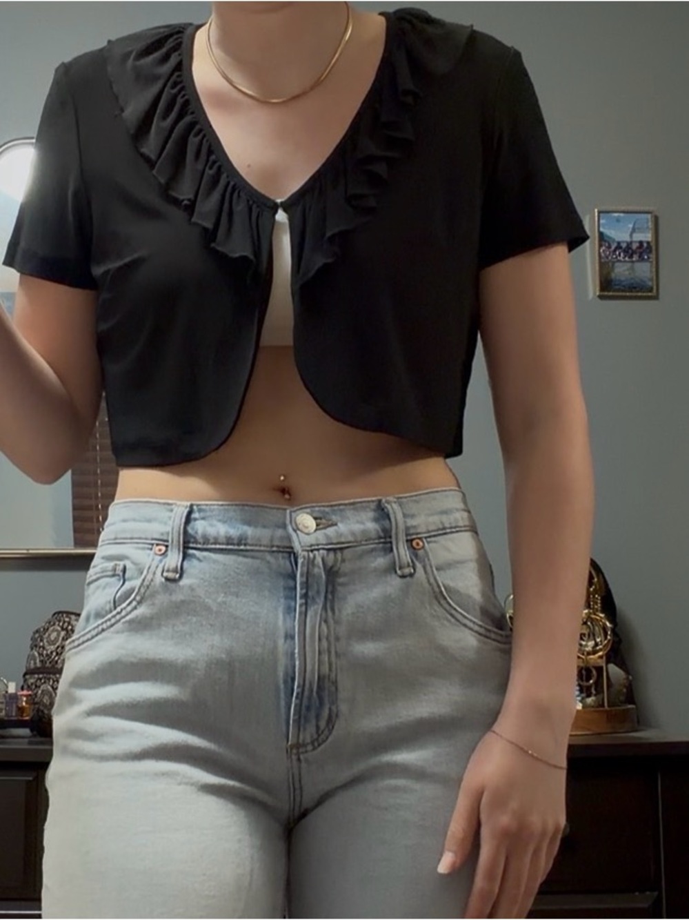 Perceptions Black Ruffle-Trim Short Sleeve Crop Top